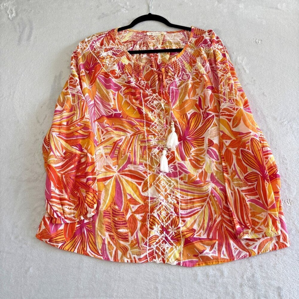 C&C California Tropical Tunic Top XL Cotton Floral Embroidered Tasseled Peasant